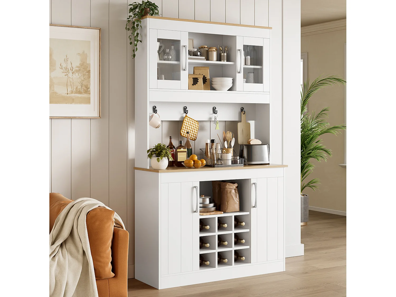 Buffet haut de cuisine - 106 x 39 x 175 cm - avec portes vitrées + casier à vin + tringle à crochets - aggloméré - blanc