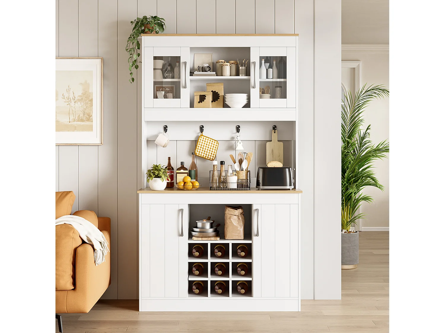 Buffet haut de cuisine - 106 x 39 x 175 cm - avec portes vitrées + casier à vin + tringle à crochets - aggloméré - blanc