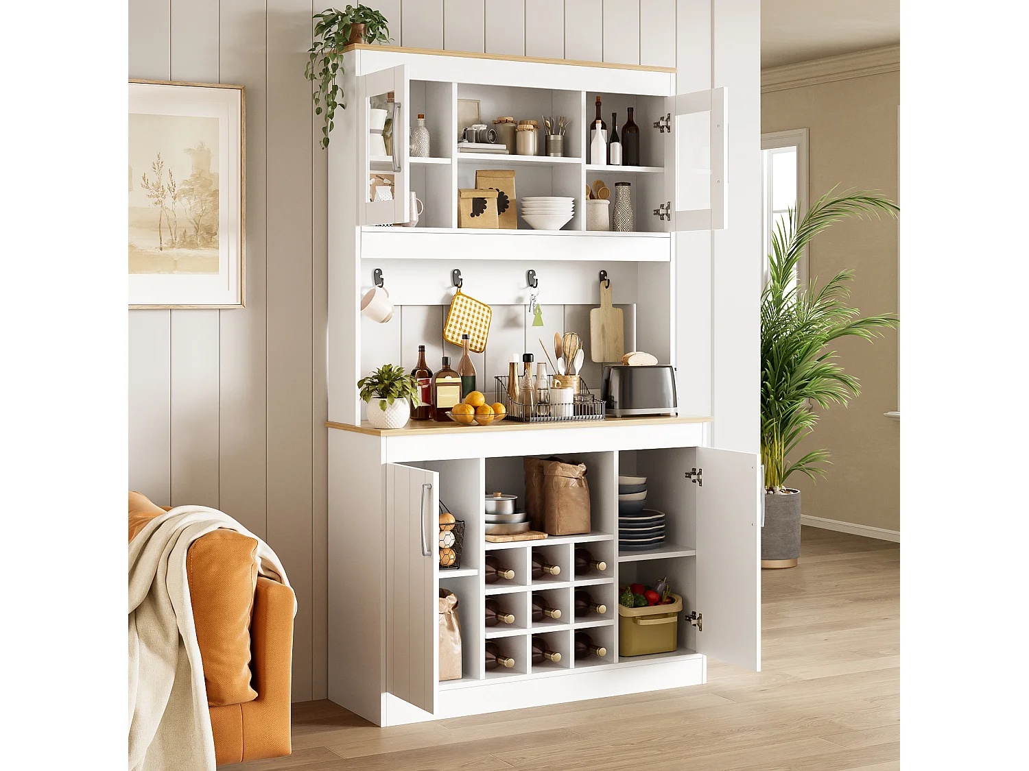 Buffet haut de cuisine - 106 x 39 x 175 cm - avec portes vitrées + casier à vin + tringle à crochets - aggloméré - blanc