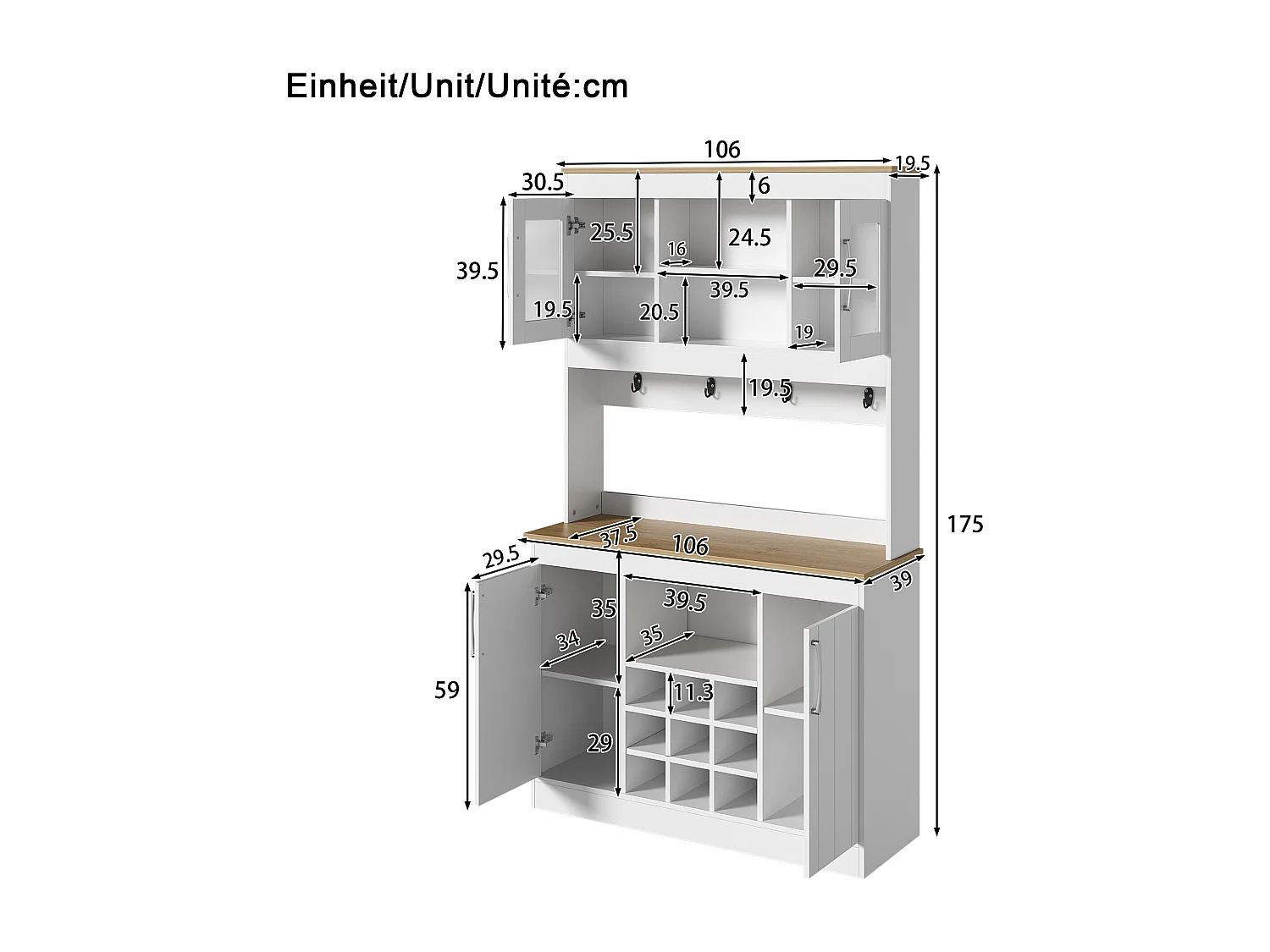 Buffet haut de cuisine - 106 x 39 x 175 cm - avec portes vitrées + casier à vin + tringle à crochets - aggloméré - blanc