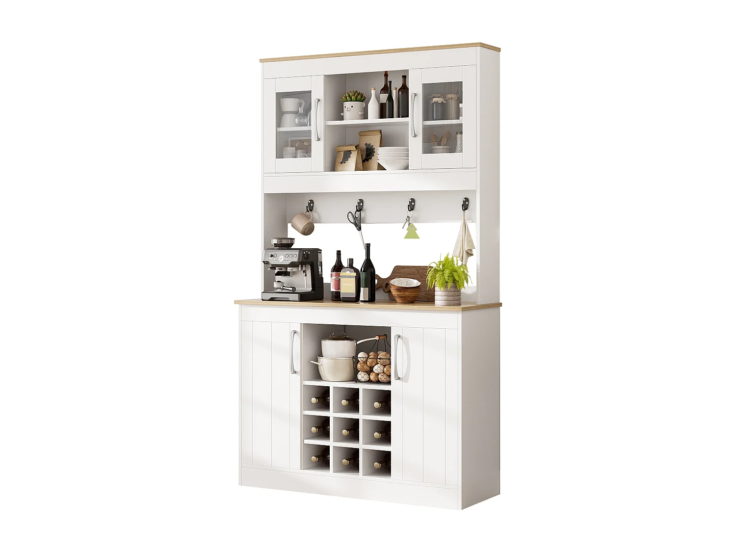 Buffet haut de cuisine - 106 x 39 x 175 cm - avec portes vitrées + casier à vin + tringle à crochets - aggloméré - blanc