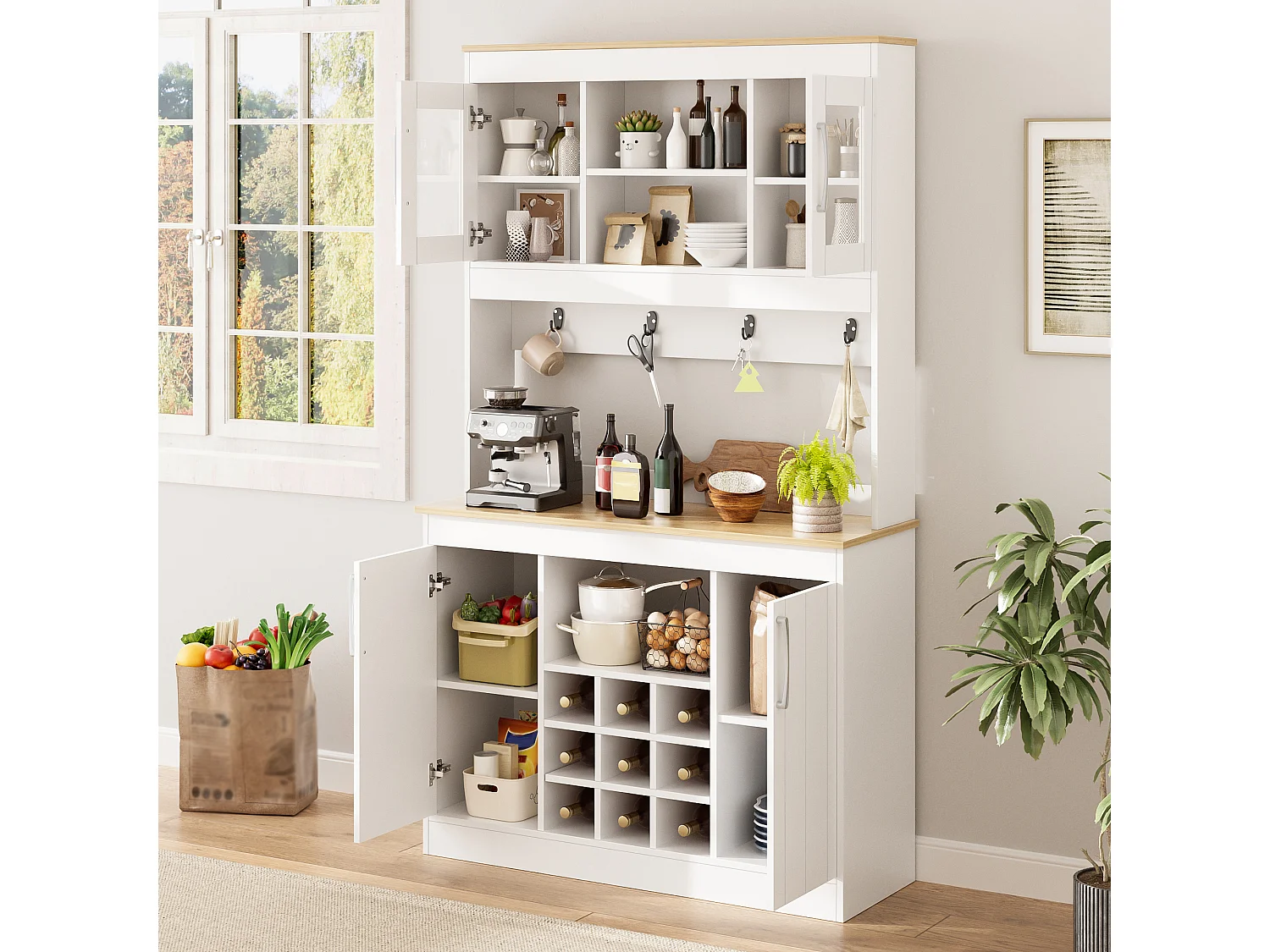 Buffet haut de cuisine - 106 x 39 x 175 cm - avec portes vitrées + casier à vin + tringle à crochets - aggloméré - blanc