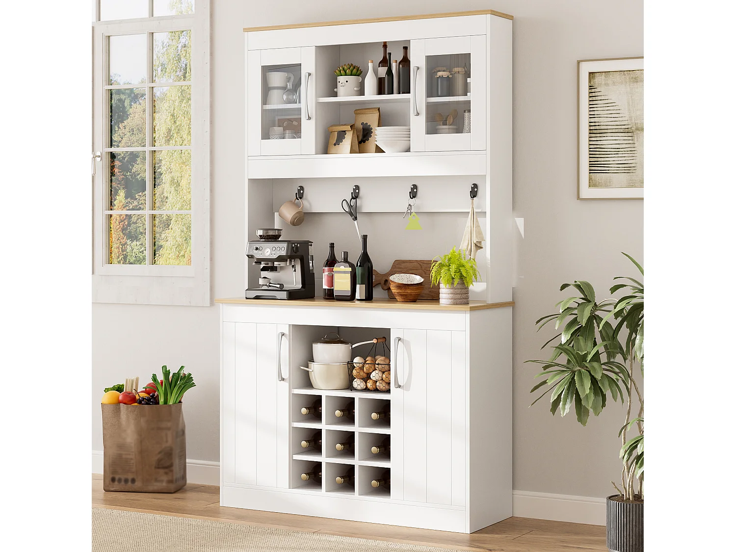 Buffet haut de cuisine - 106 x 39 x 175 cm - avec portes vitrées + casier à vin + tringle à crochets - aggloméré - blanc