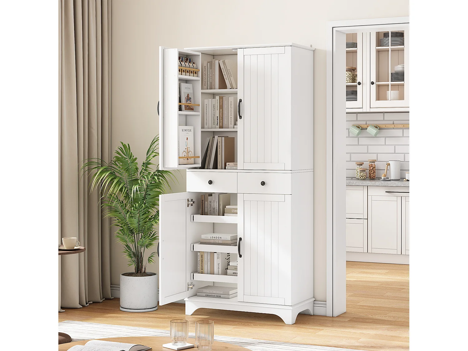 Buffet haut de cuisine moderne - 77 x 40 x 181 cm - avec étagères + tiroirs + 4 portes - MDF - blanc