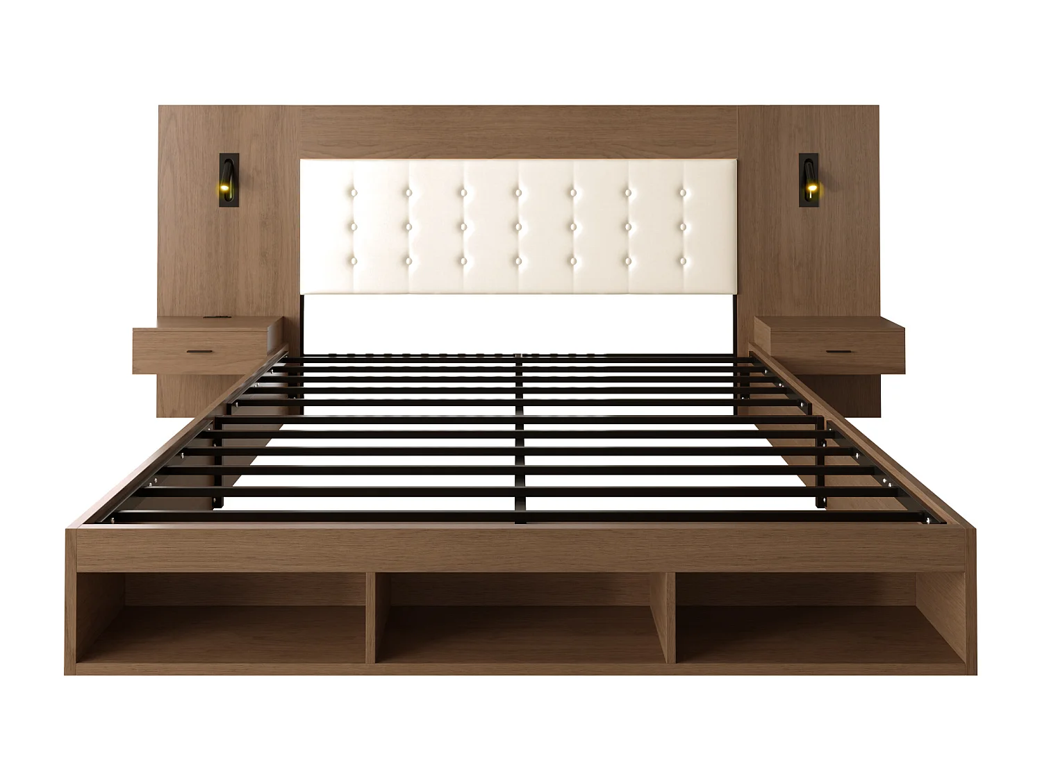 Letto matrimoniale con contenitore - 180 x 200 cm - con porte USB e Type-C + lampada da lettura + 2 comodini - MDF - marrone