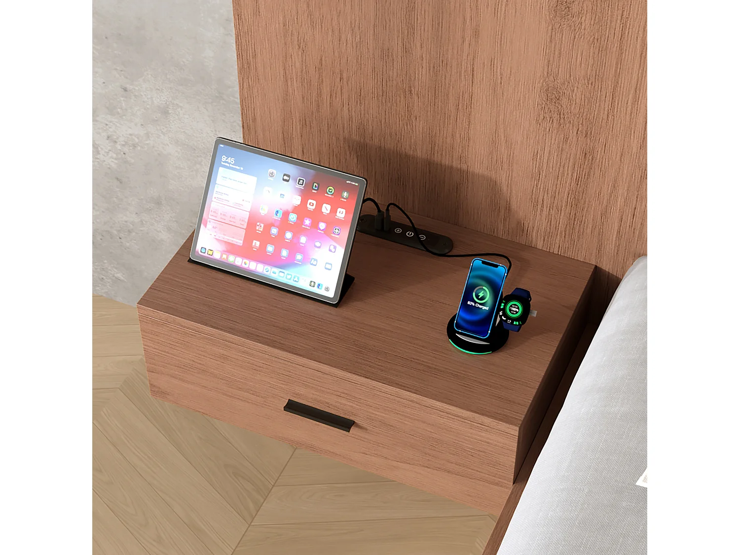 Letto matrimoniale con contenitore - 180 x 200 cm - con porte USB e Type-C + lampada da lettura + 2 comodini - MDF - marrone