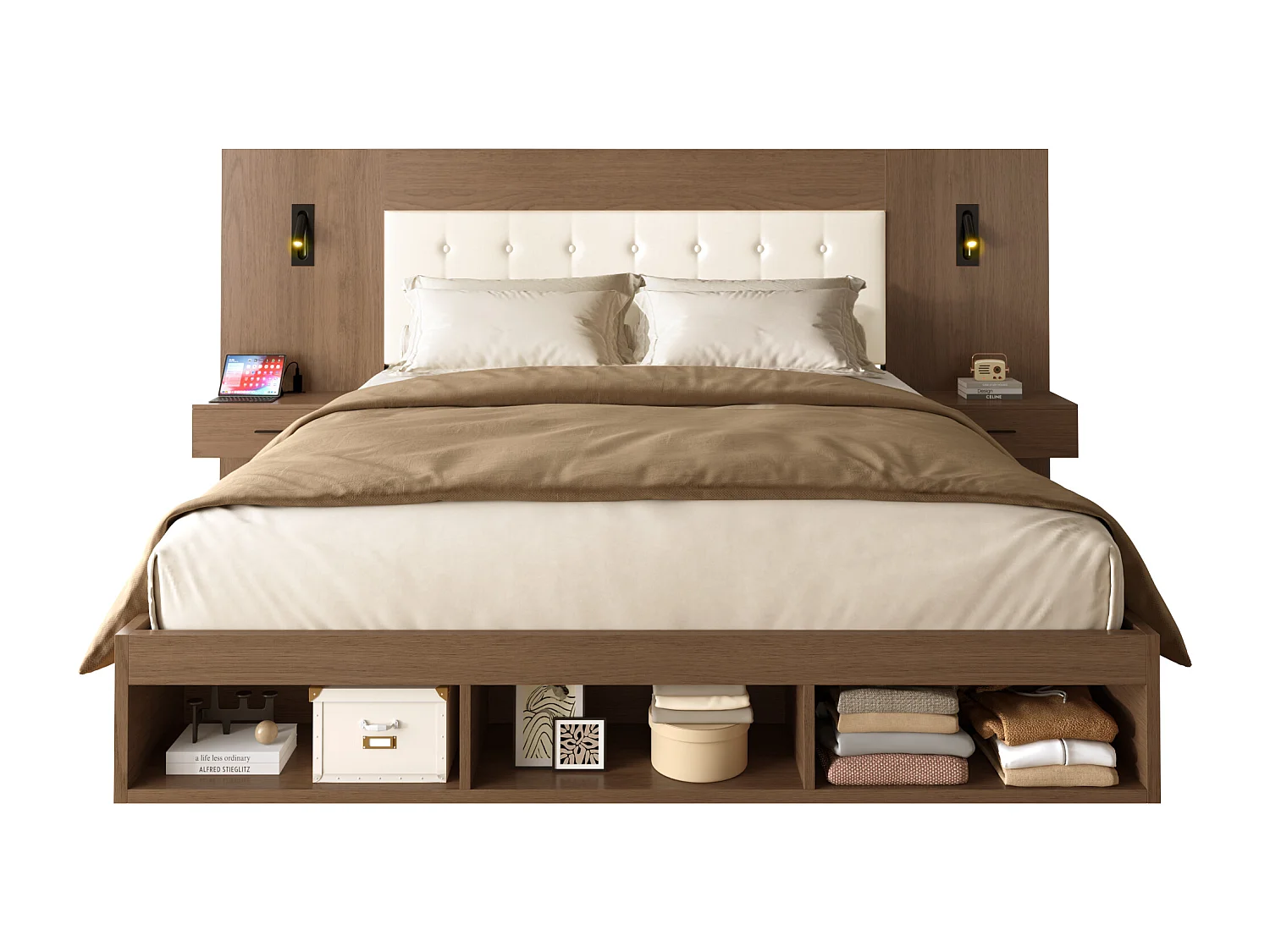 Letto matrimoniale con contenitore - 180 x 200 cm - con porte USB e Type-C + lampada da lettura + 2 comodini - MDF - marrone