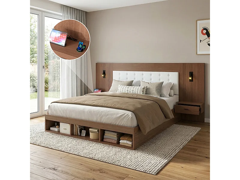 Cama de casal com arrumação - 180 x 200 cm - com portas USB e Tipo-C + candeeiro de leitura + 2 mesas de cabeceira - MDF - castanha