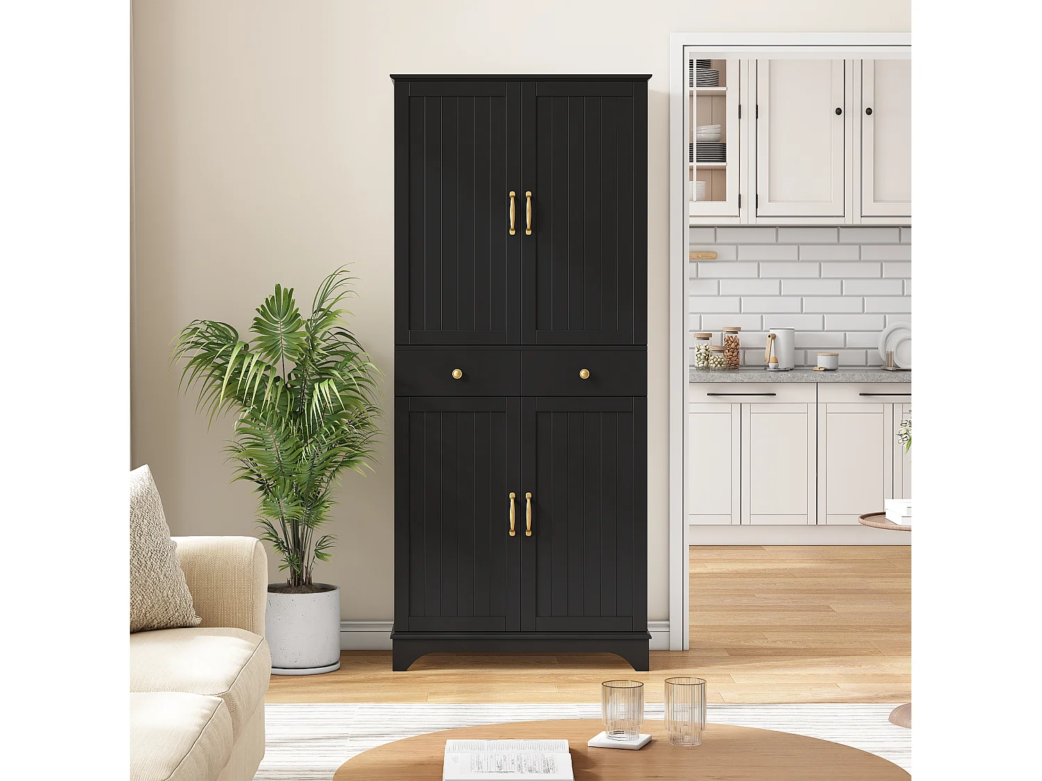 Buffet haut de cuisine moderne - 77 x 40 x 181 cm - avec étagères + tiroirs + 4 portes - MDF - noir