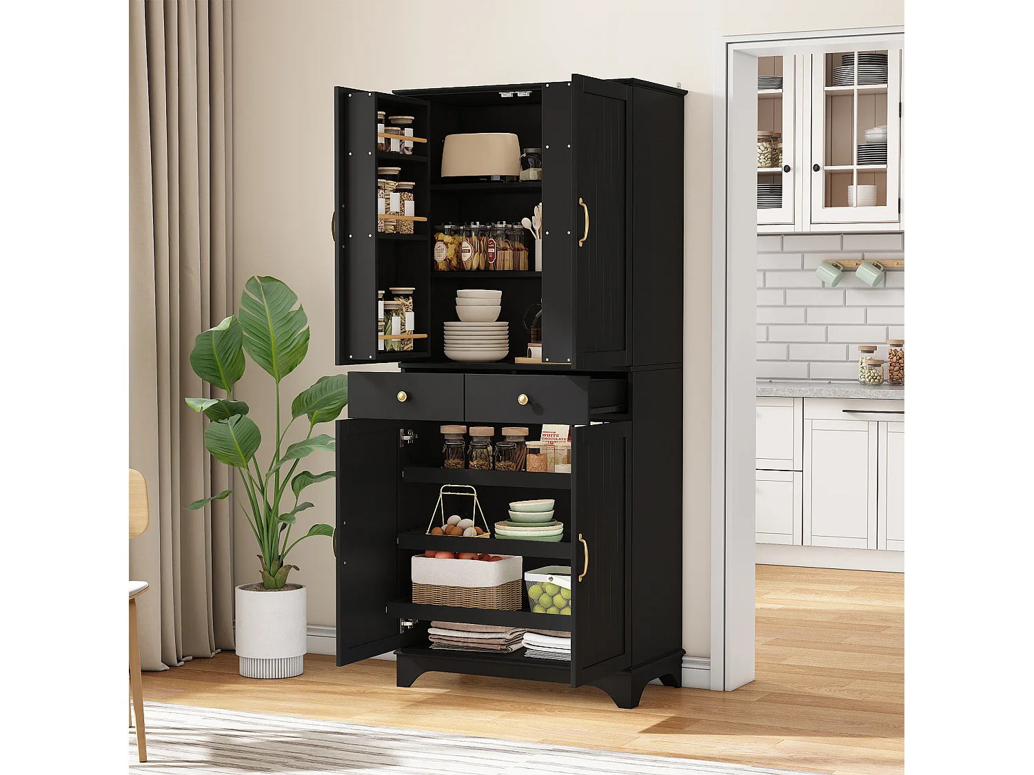 Buffet haut de cuisine moderne - 77 x 40 x 181 cm - avec étagères + tiroirs + 4 portes - MDF - noir