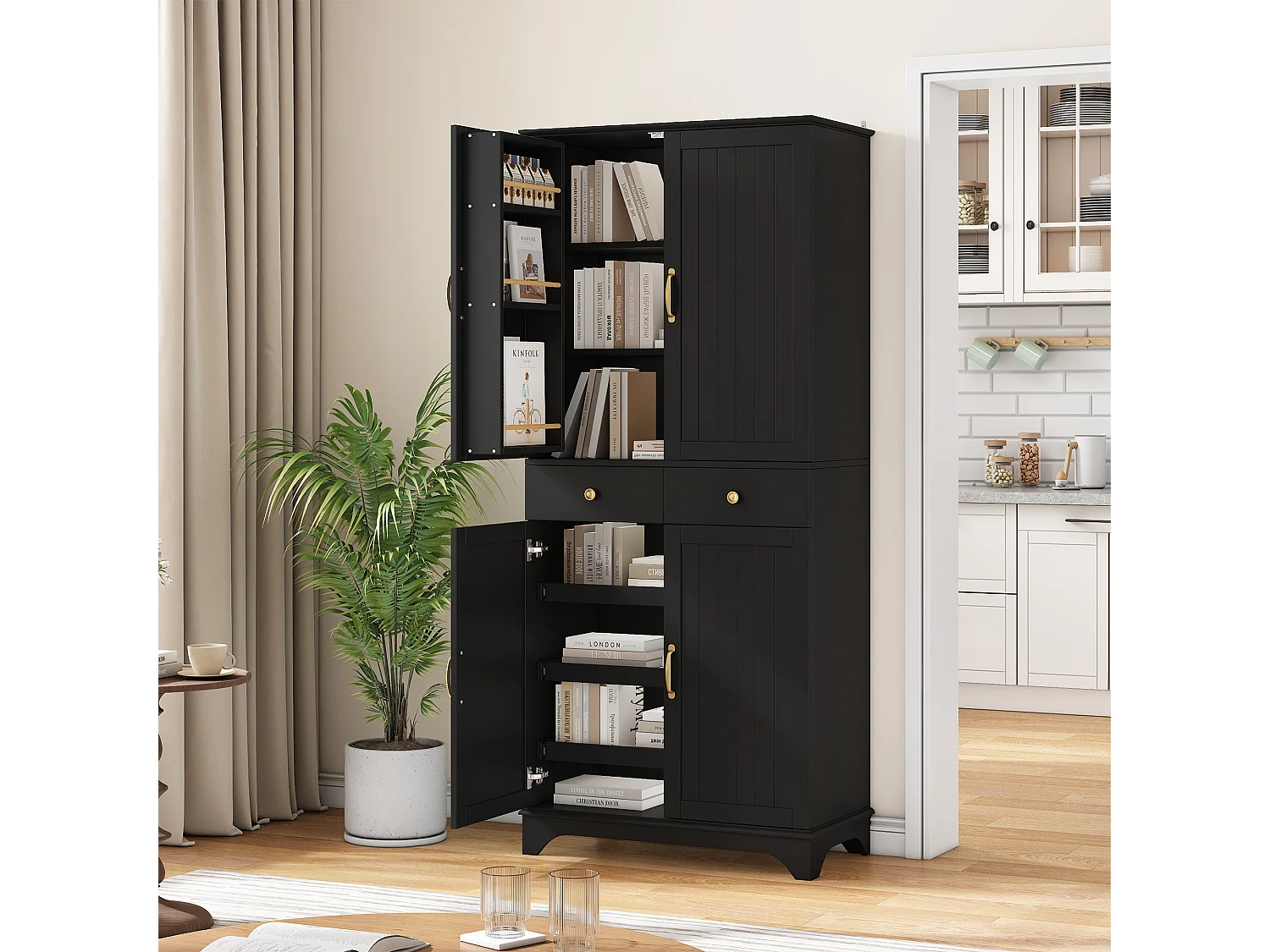 Buffet haut de cuisine moderne - 77 x 40 x 181 cm - avec étagères + tiroirs + 4 portes - MDF - noir