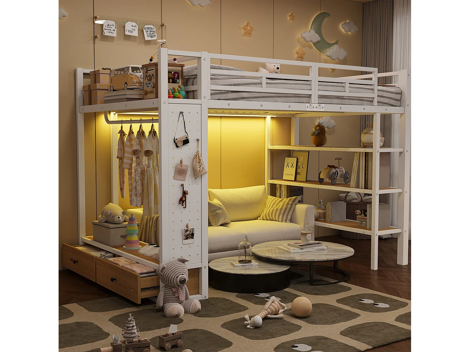 Łóżko piętrowe metalowe dla dzieci - 140 x 200 cm - z otwartą szafą + półką + oświetleniem LED + 2 szufladami - białe