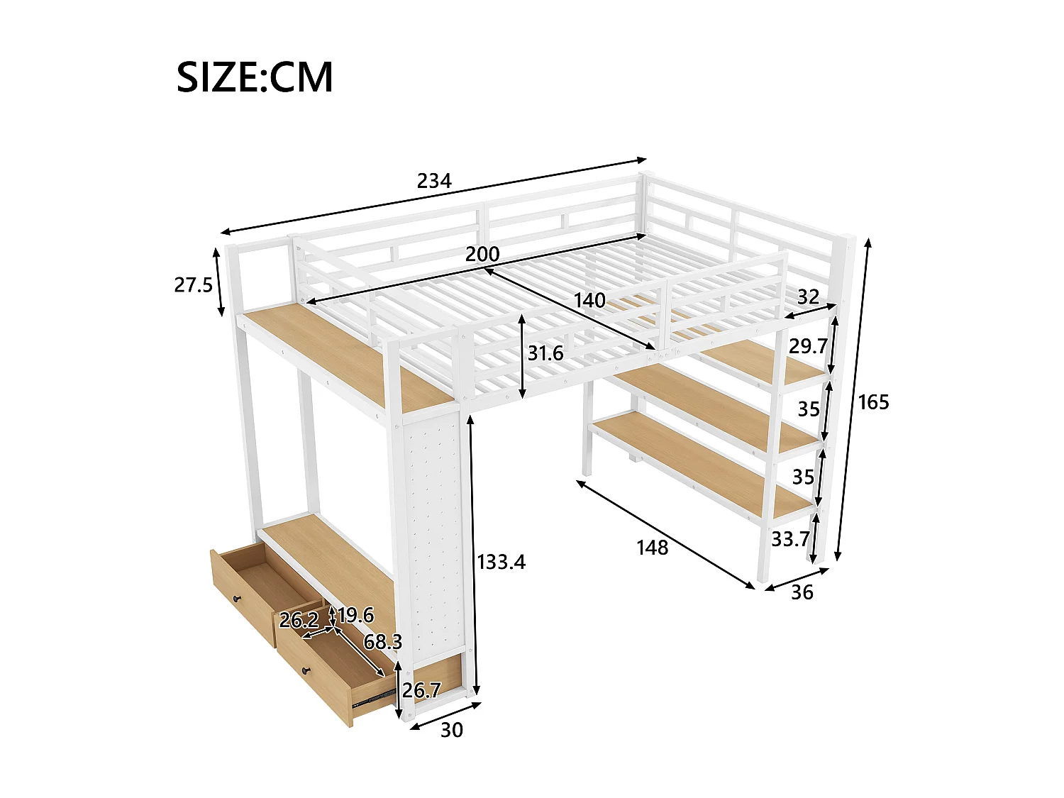 Łóżko piętrowe metalowe dla dzieci - 140 x 200 cm - z otwartą szafą + półką + oświetleniem LED + 2 szufladami - białe