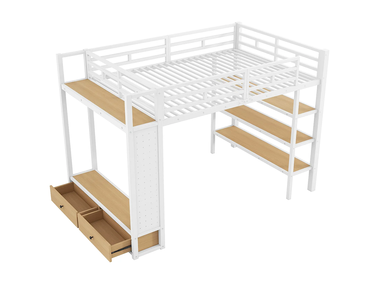 Łóżko piętrowe metalowe dla dzieci - 140 x 200 cm - z otwartą szafą + półką + oświetleniem LED + 2 szufladami - białe