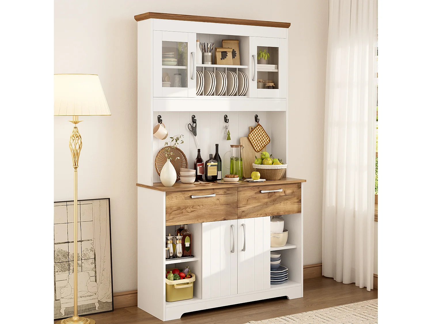 Buffet haut de cuisine - 106 x 39 x 176.5 cm - avec 4 portes + 2 tiroirs + tringle à crochets - aggloméré - blanc