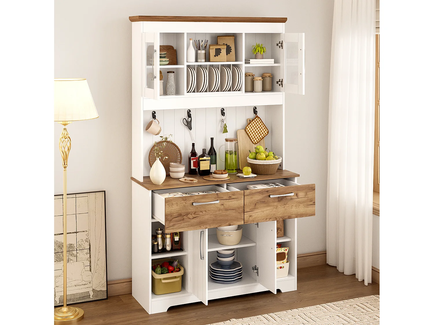 Buffet haut de cuisine - 106 x 39 x 176.5 cm - avec 4 portes + 2 tiroirs + tringle à crochets - aggloméré - blanc