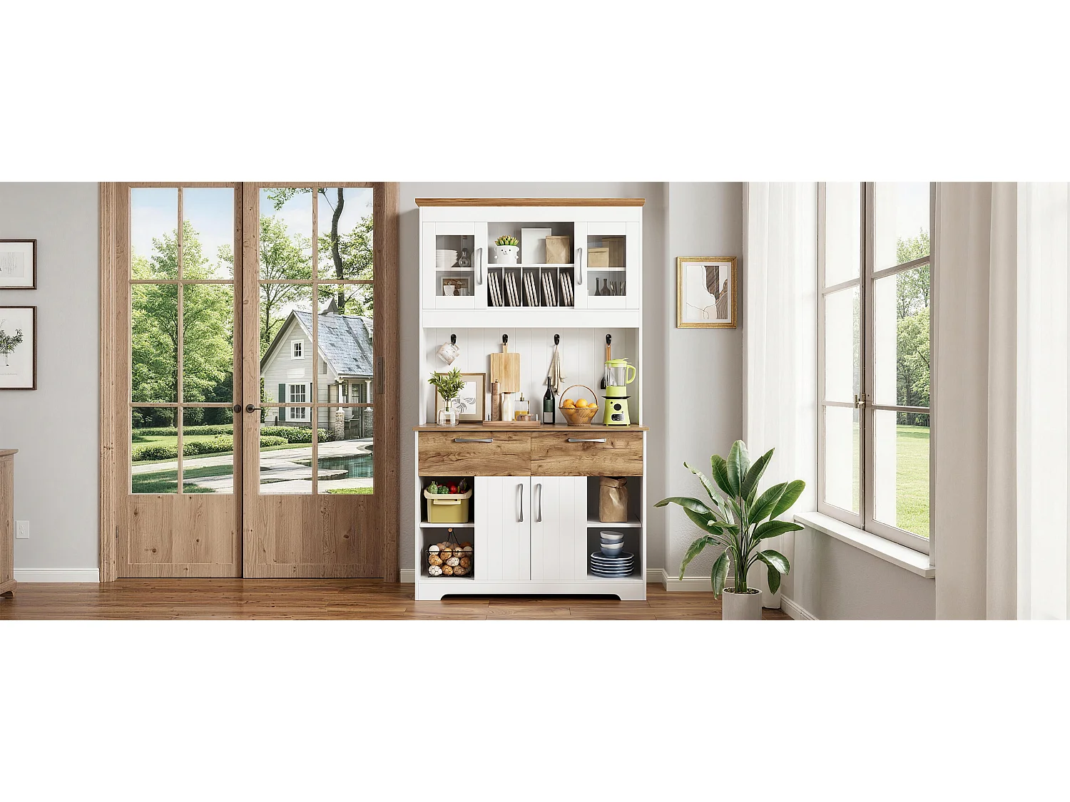 Buffet haut de cuisine - 106 x 39 x 176.5 cm - avec 4 portes + 2 tiroirs + tringle à crochets - aggloméré - blanc