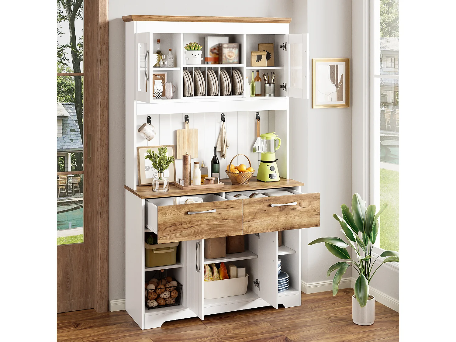 Buffet haut de cuisine - 106 x 39 x 176.5 cm - avec 4 portes + 2 tiroirs + tringle à crochets - aggloméré - blanc