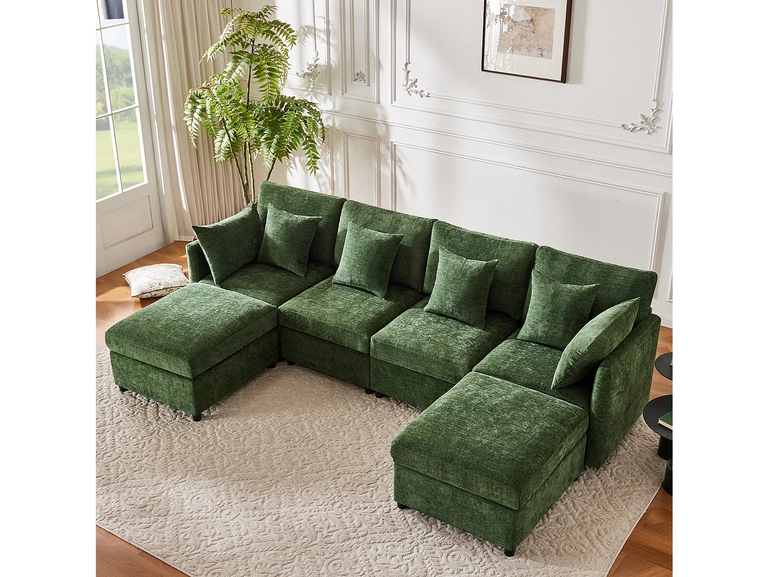 Ensemble canapé moderne 4 places - 278 x 161 x 81 cm - avec repose-pieds amovible + 6 coussins - velours - vert