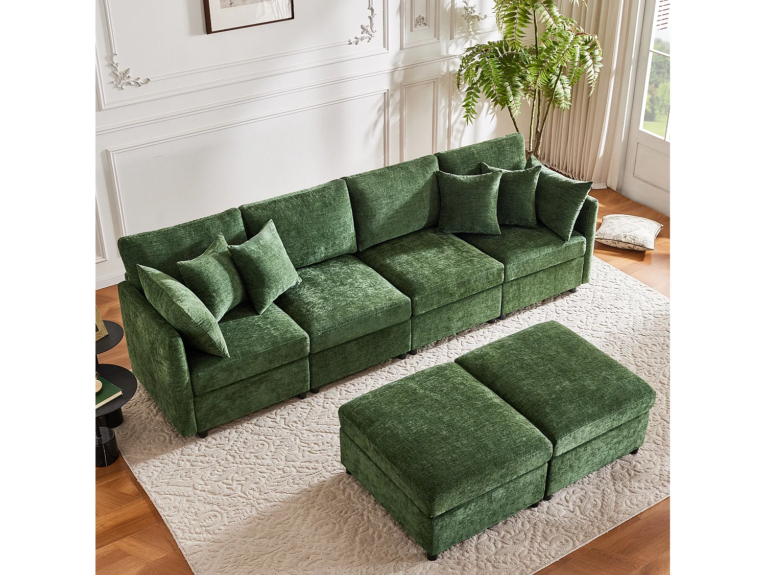 Ensemble canapé moderne 4 places - 278 x 161 x 81 cm - avec repose-pieds amovible + 6 coussins - velours - vert