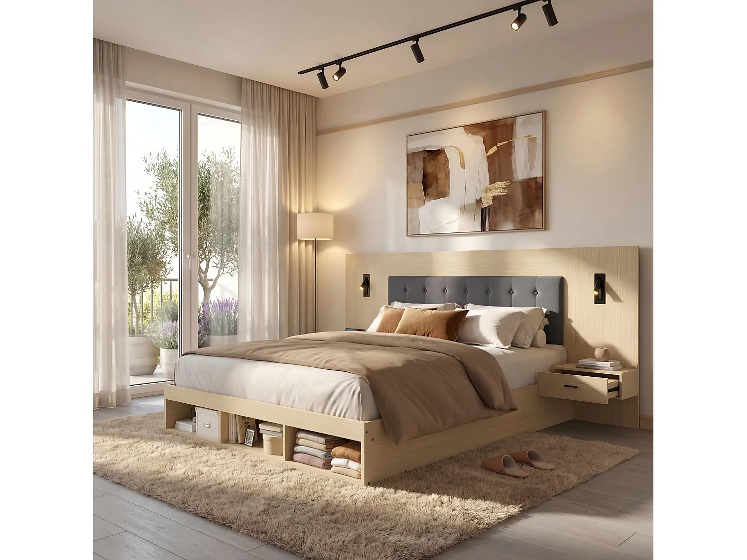 Doppelbett mit Stauraum – 160 x 200 cm – mit USB- und USB-C-Anschlüssen + Leselampe + 2 Nachttischen – MDF – natur