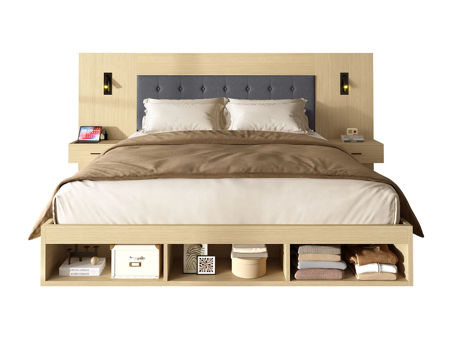 Doppelbett mit Stauraum – 160 x 200 cm – mit USB- und USB-C-Anschlüssen + Leselampe + 2 Nachttischen – MDF – natur