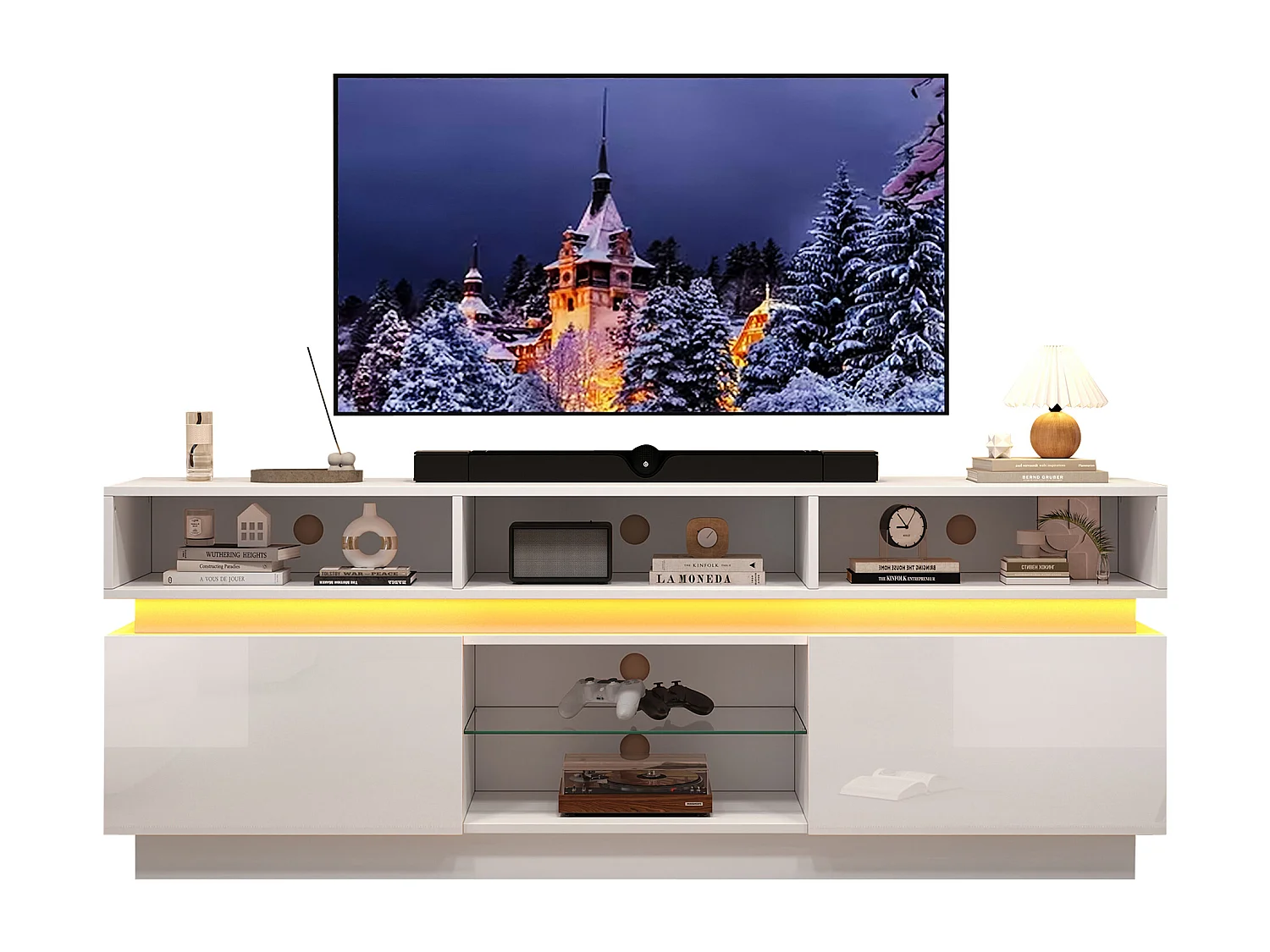 Hochglanzlackierter TV-Ständer fürs Wohnzimmer – 160 x 35 x 60 cm – mit Ablage aus Sicherheitsglas, LED-Beleuchtung und Türen – MDF – weiß