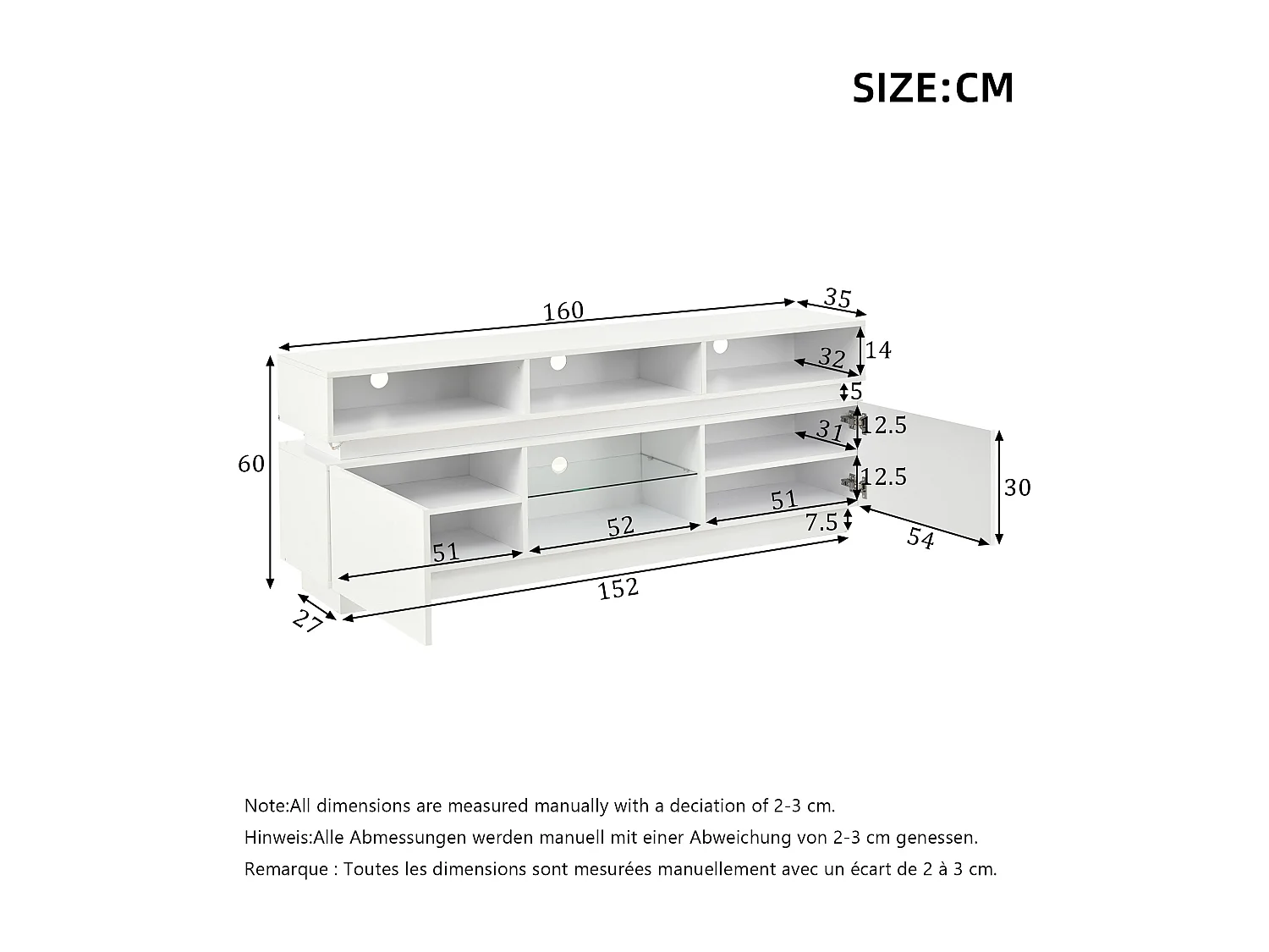 Hochglanzlackierter TV-Ständer fürs Wohnzimmer – 160 x 35 x 60 cm – mit Ablage aus Sicherheitsglas, LED-Beleuchtung und Türen – MDF – weiß