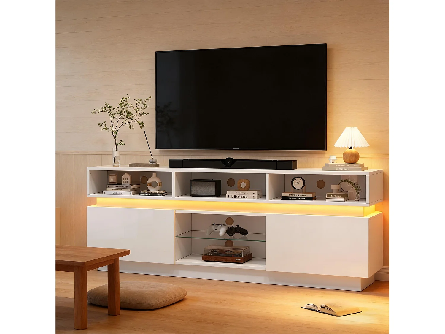 Hochglanzlackierter TV-Ständer fürs Wohnzimmer – 160 x 35 x 60 cm – mit Ablage aus Sicherheitsglas, LED-Beleuchtung und Türen – MDF – weiß