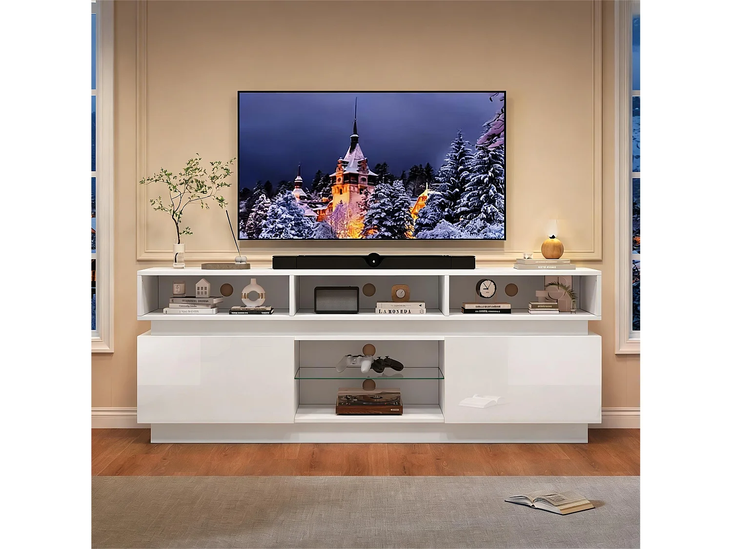 Hochglanzlackierter TV-Ständer fürs Wohnzimmer – 160 x 35 x 60 cm – mit Ablage aus Sicherheitsglas, LED-Beleuchtung und Türen – MDF – weiß