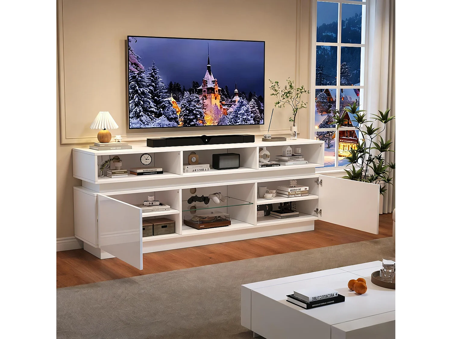 Hochglanzlackierter TV-Ständer fürs Wohnzimmer – 160 x 35 x 60 cm – mit Ablage aus Sicherheitsglas, LED-Beleuchtung und Türen – MDF – weiß