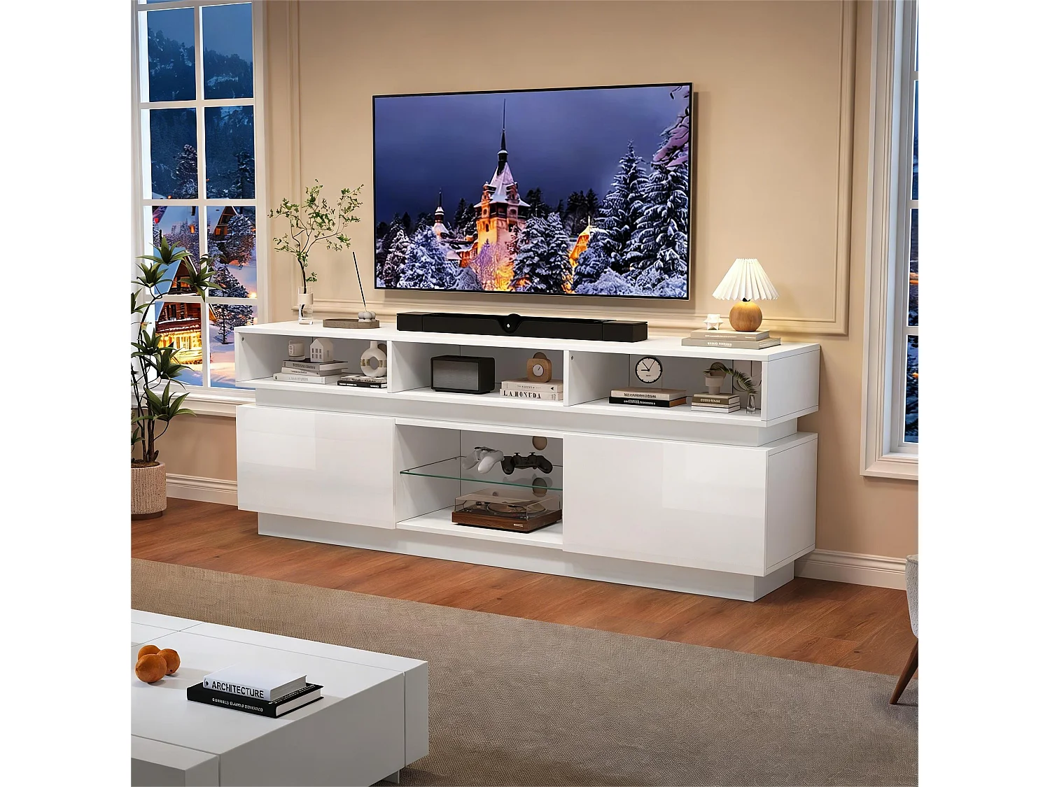 Hochglanzlackierter TV-Ständer fürs Wohnzimmer – 160 x 35 x 60 cm – mit Ablage aus Sicherheitsglas, LED-Beleuchtung und Türen – MDF – weiß