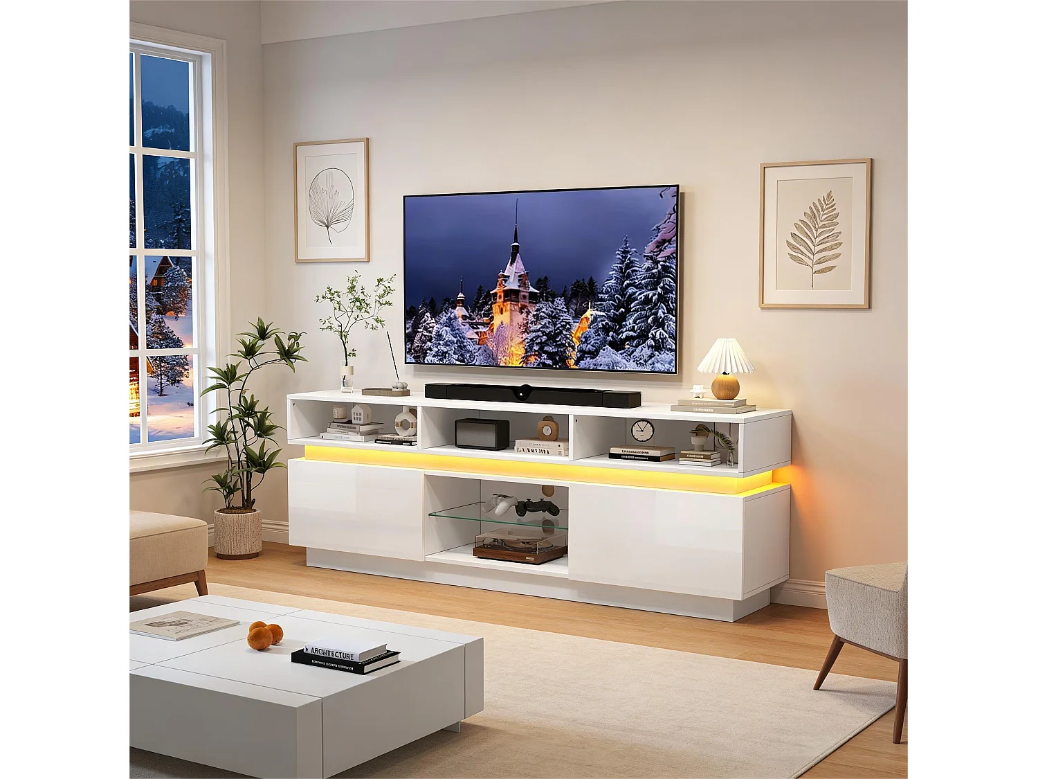 Hochglanzlackierter TV-Ständer fürs Wohnzimmer – 160 x 35 x 60 cm – mit Ablage aus Sicherheitsglas, LED-Beleuchtung und Türen – MDF – weiß