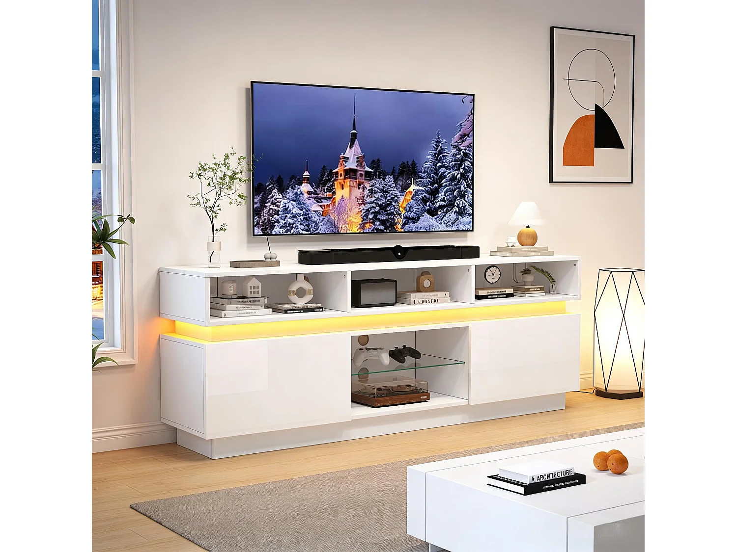 Hochglanzlackierter TV-Ständer fürs Wohnzimmer – 160 x 35 x 60 cm – mit Ablage aus Sicherheitsglas, LED-Beleuchtung und Türen – MDF – weiß