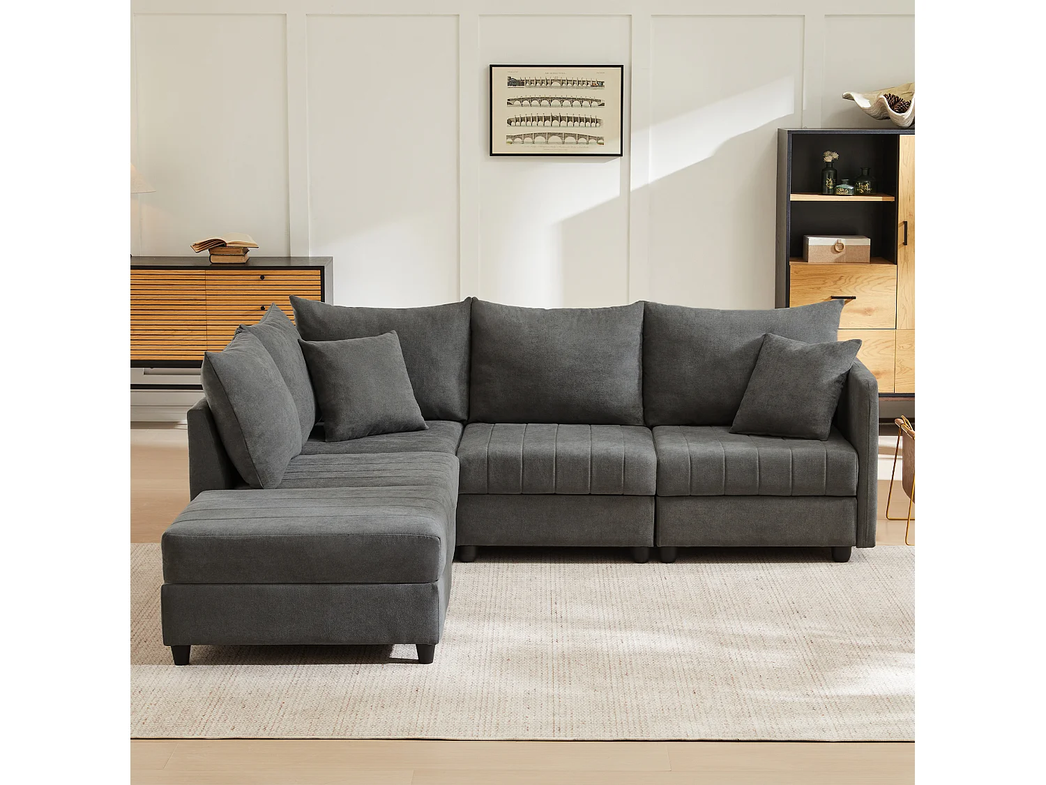 Modulaire 5-zitsbankset - 220 x 194 x 85 cm - met ombouwbare voetenbank - Katoen en linnen - grijs