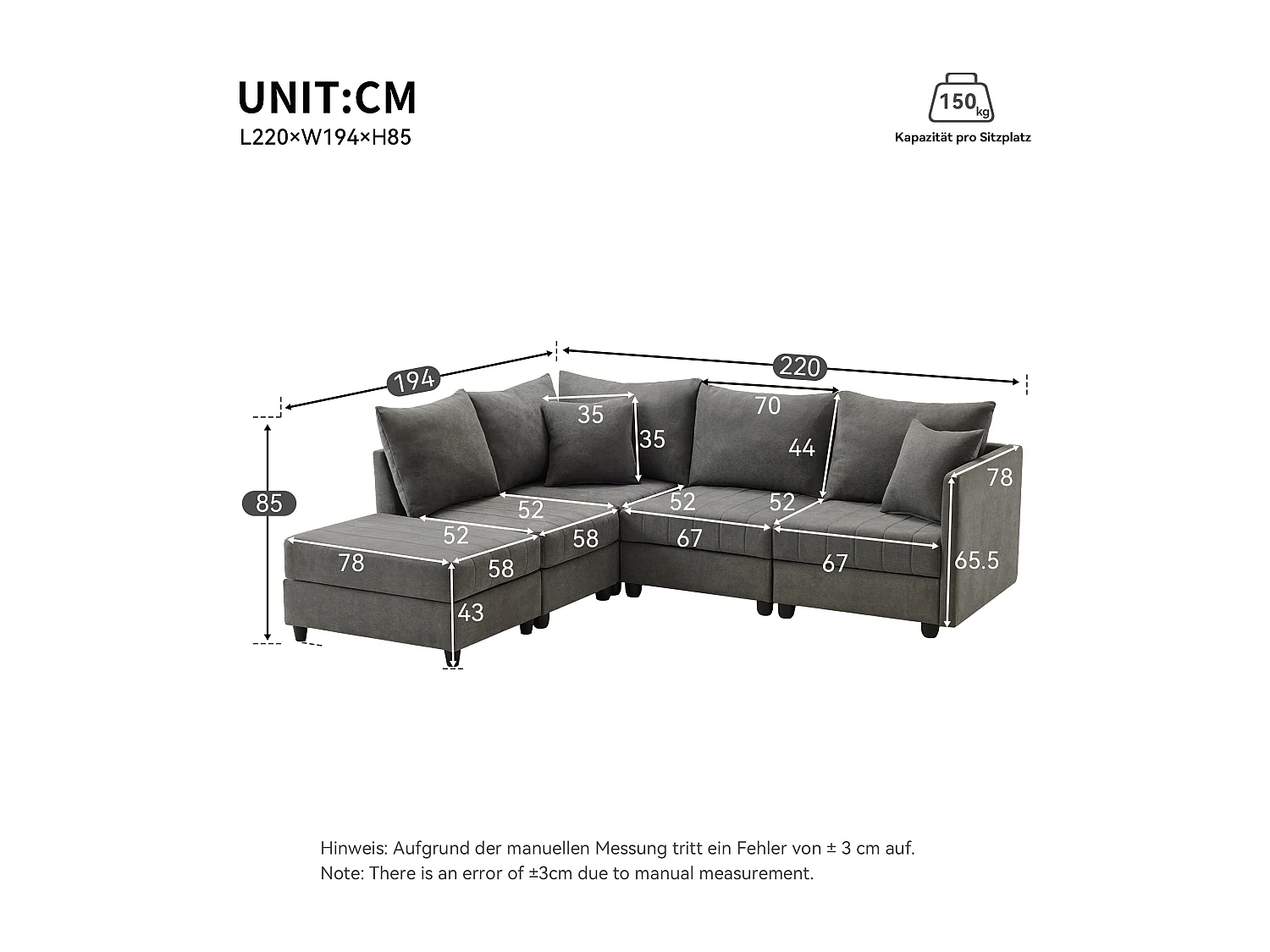 Modulaire 5-zitsbankset - 220 x 194 x 85 cm - met ombouwbare voetenbank - Katoen en linnen - grijs