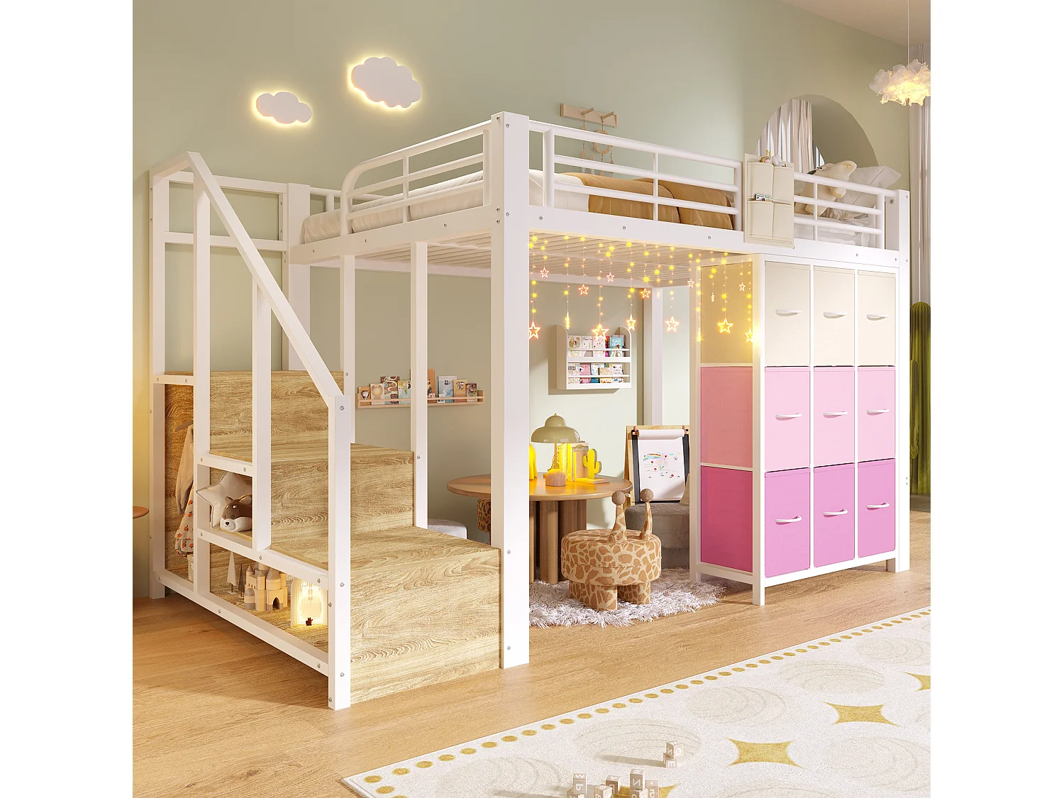 Lit mezzanine en métal - 140 x 200 cm - avec commode à 9 tiroirs + penderie + escalier avec rangement - blanc