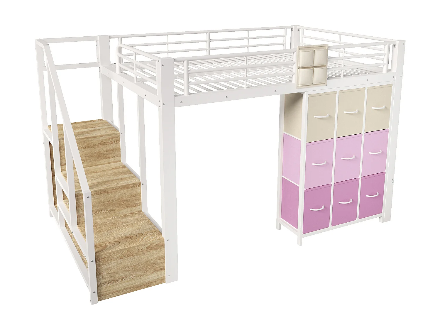 Lit mezzanine en métal - 140 x 200 cm - avec commode à 9 tiroirs + penderie + escalier avec rangement - blanc