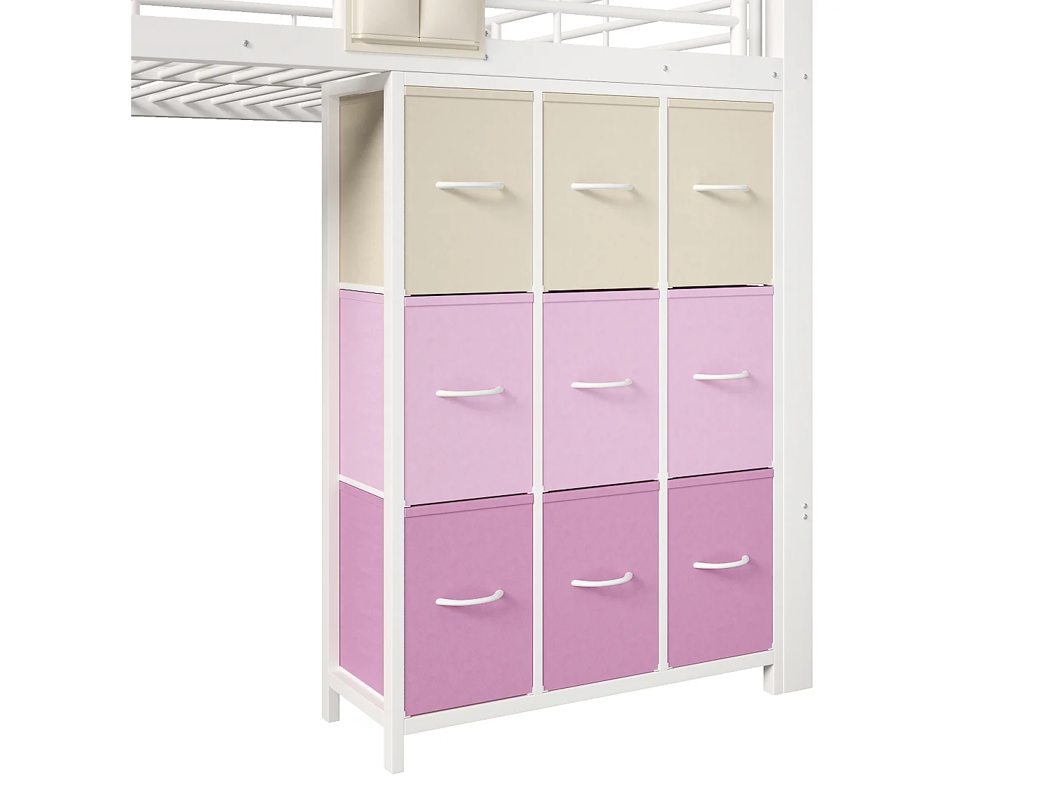 Lit mezzanine en métal - 140 x 200 cm - avec commode à 9 tiroirs + penderie + escalier avec rangement - blanc