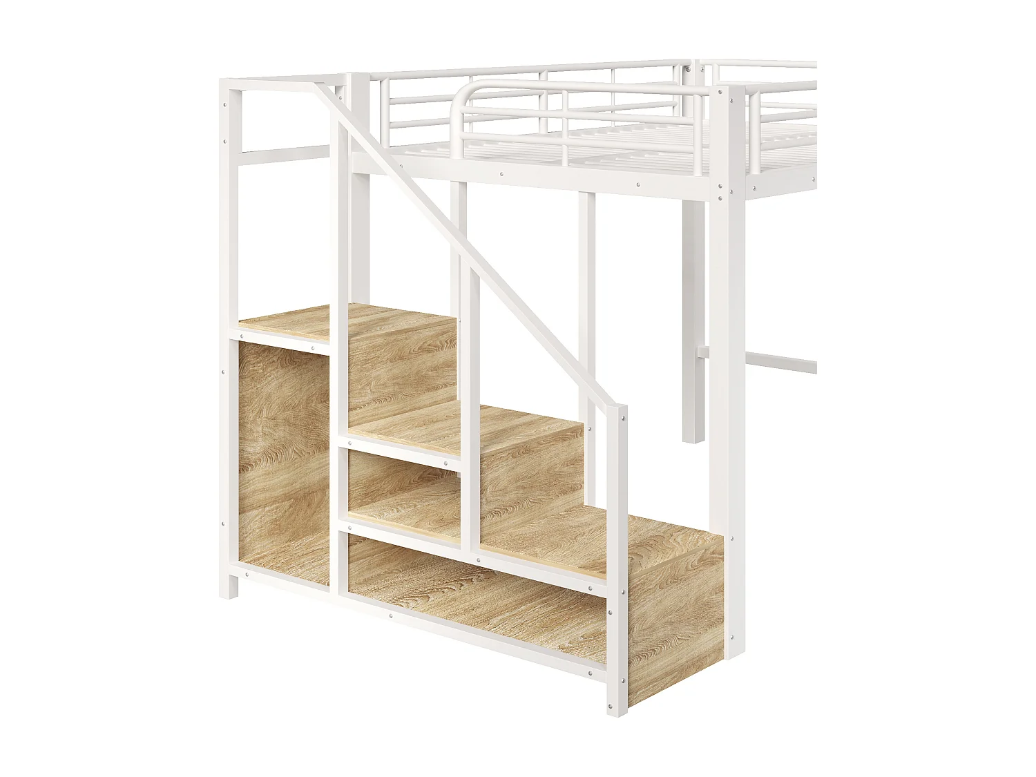 Lit mezzanine en métal - 140 x 200 cm - avec commode à 9 tiroirs + penderie + escalier avec rangement - blanc