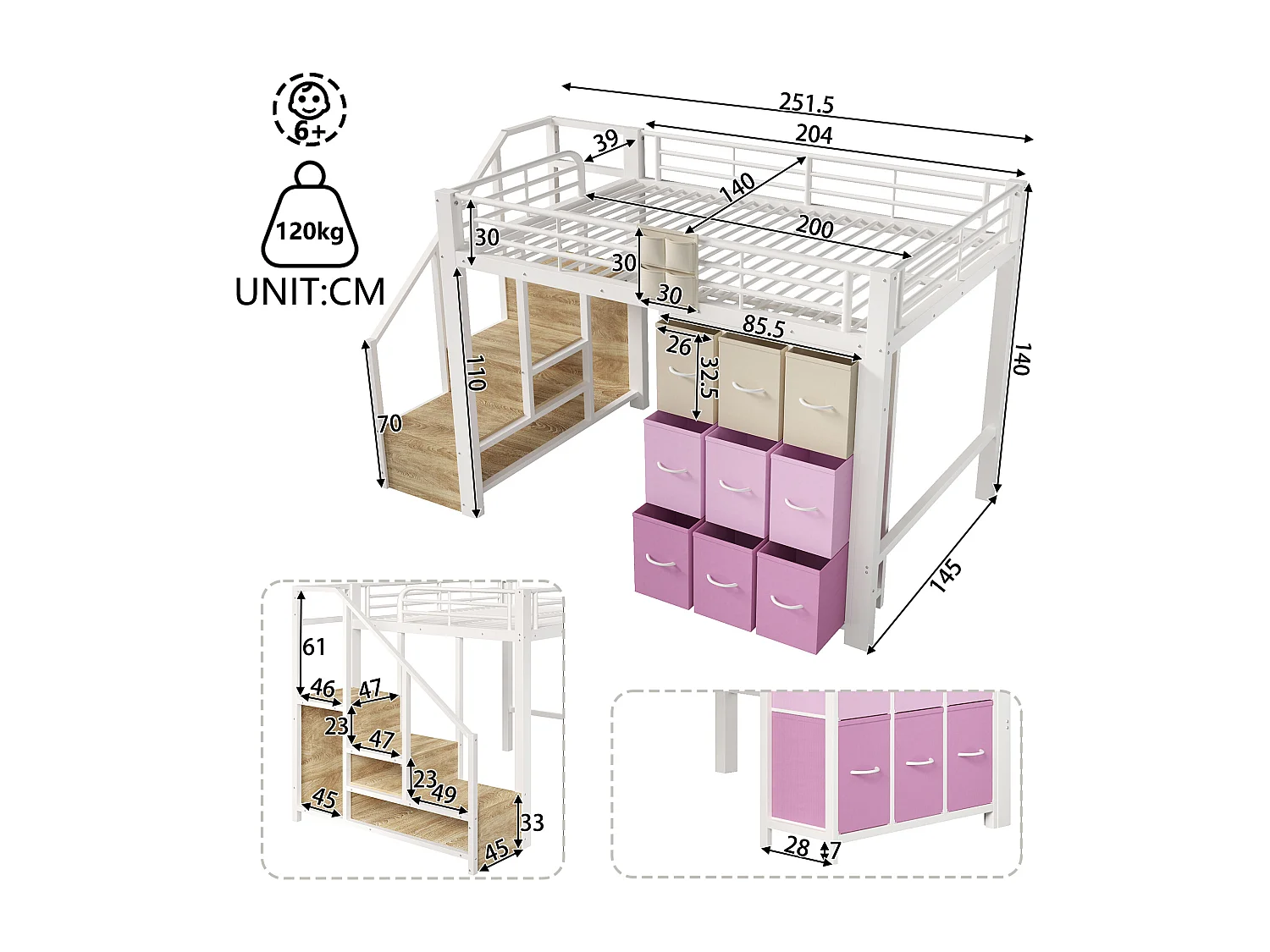Lit mezzanine en métal - 140 x 200 cm - avec commode à 9 tiroirs + penderie + escalier avec rangement - blanc