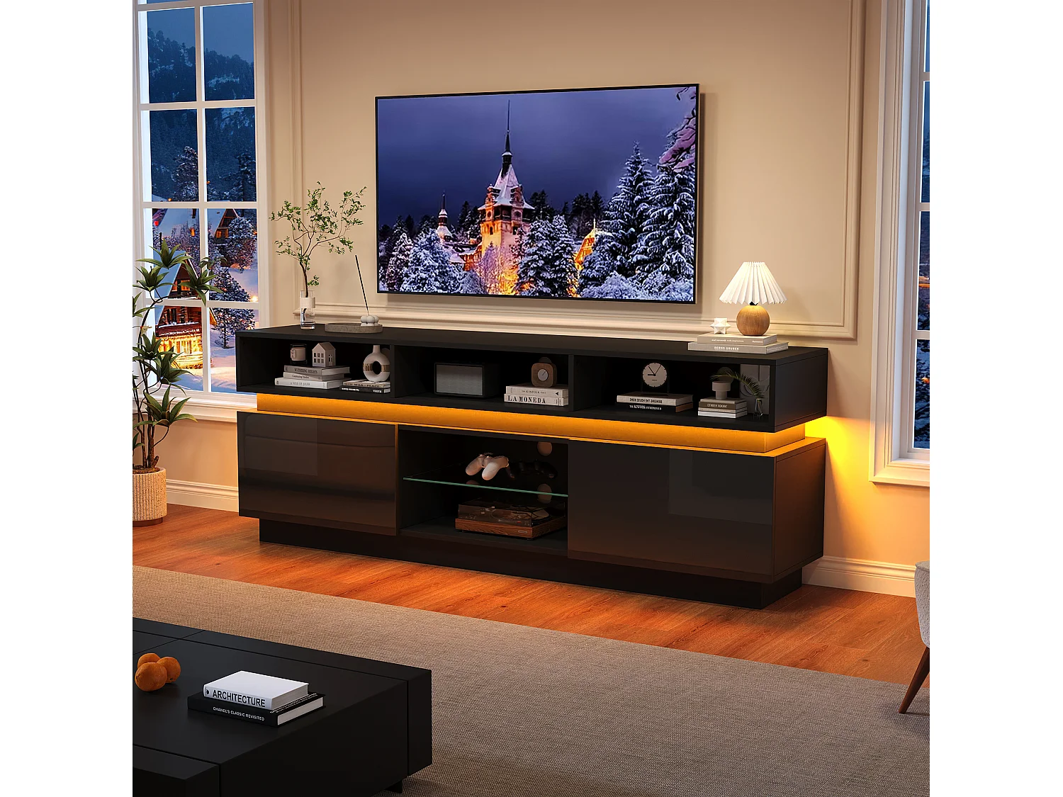 Hochglanzlackierter TV-Ständer fürs Wohnzimmer – 160 x 35 x 60 cm – mit Ablage aus Sicherheitsglas, LED-Beleuchtung und Türen – MDF – schwarz