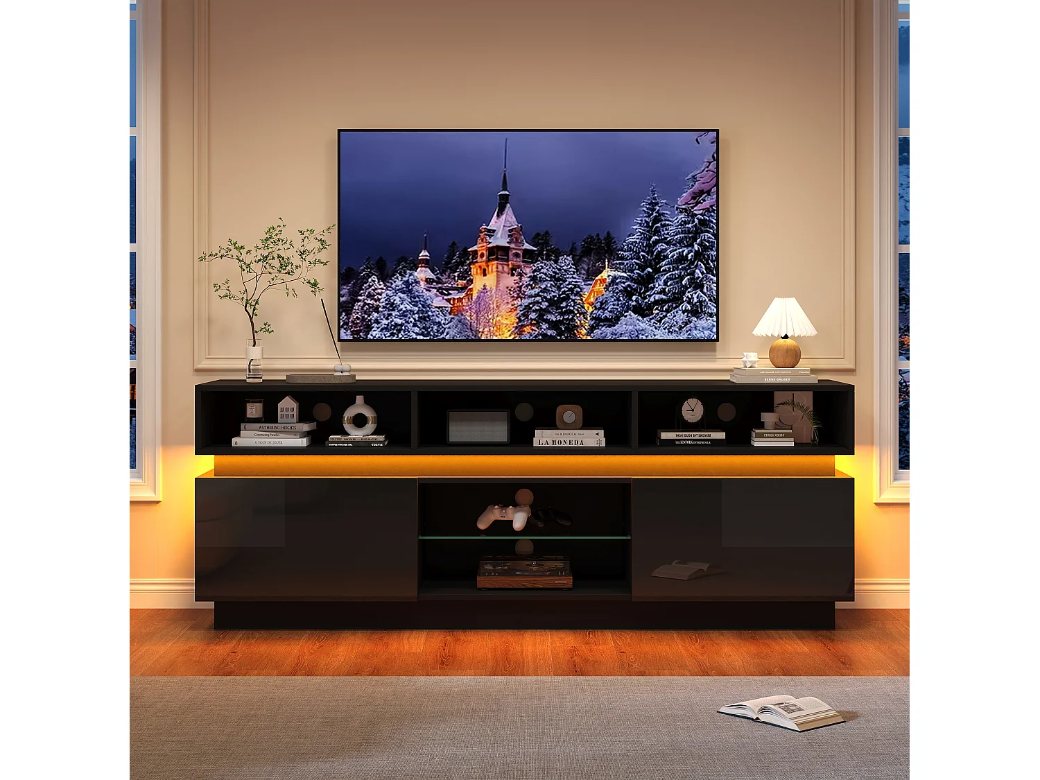 Hochglanzlackierter TV-Ständer fürs Wohnzimmer – 160 x 35 x 60 cm – mit Ablage aus Sicherheitsglas, LED-Beleuchtung und Türen – MDF – schwarz