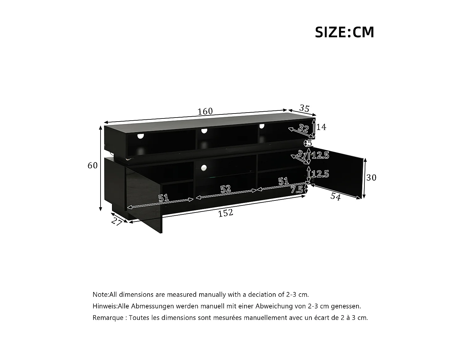 Hochglanzlackierter TV-Ständer fürs Wohnzimmer – 160 x 35 x 60 cm – mit Ablage aus Sicherheitsglas, LED-Beleuchtung und Türen – MDF – schwarz