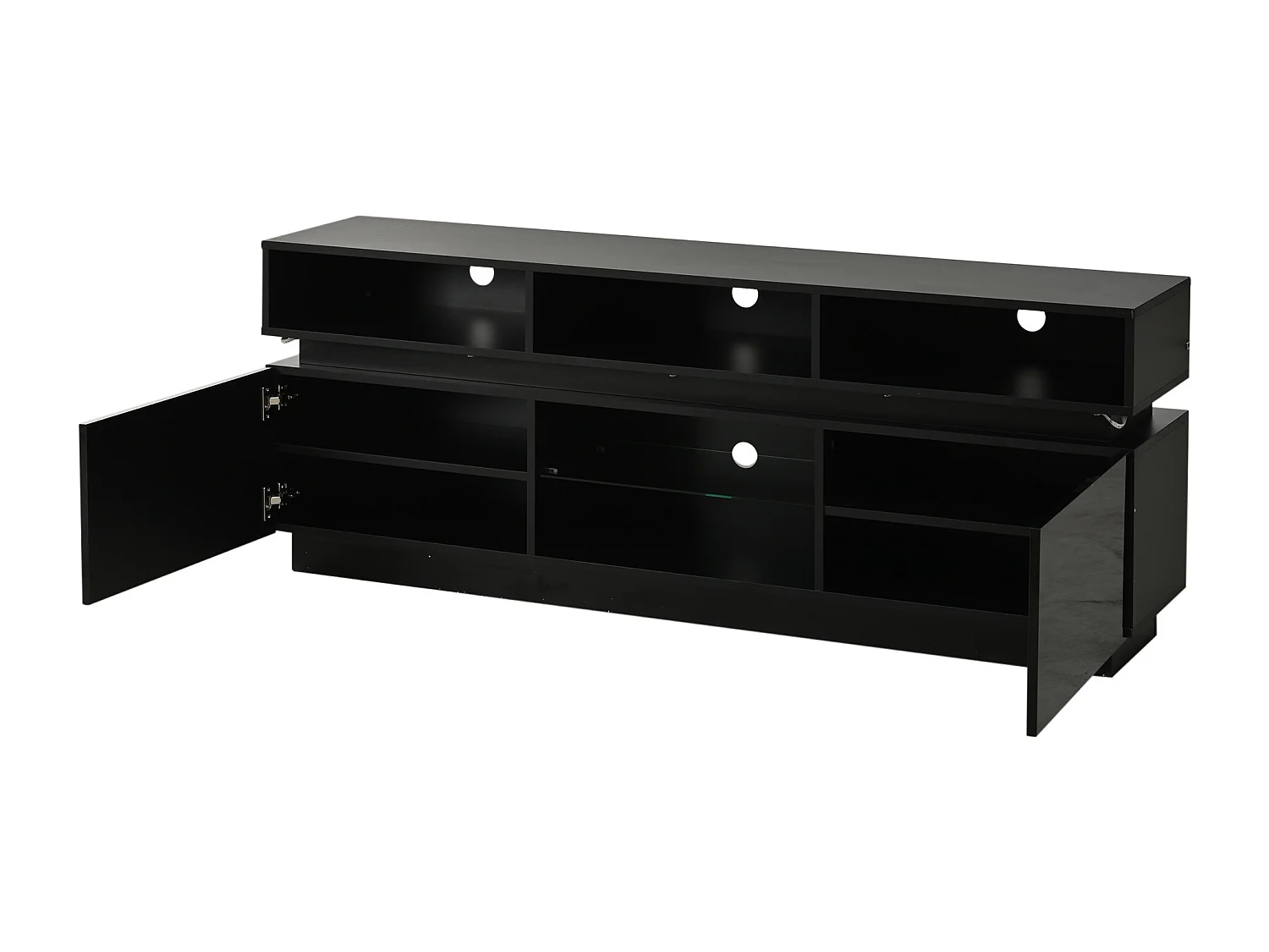 Hochglanzlackierter TV-Ständer fürs Wohnzimmer – 160 x 35 x 60 cm – mit Ablage aus Sicherheitsglas, LED-Beleuchtung und Türen – MDF – schwarz