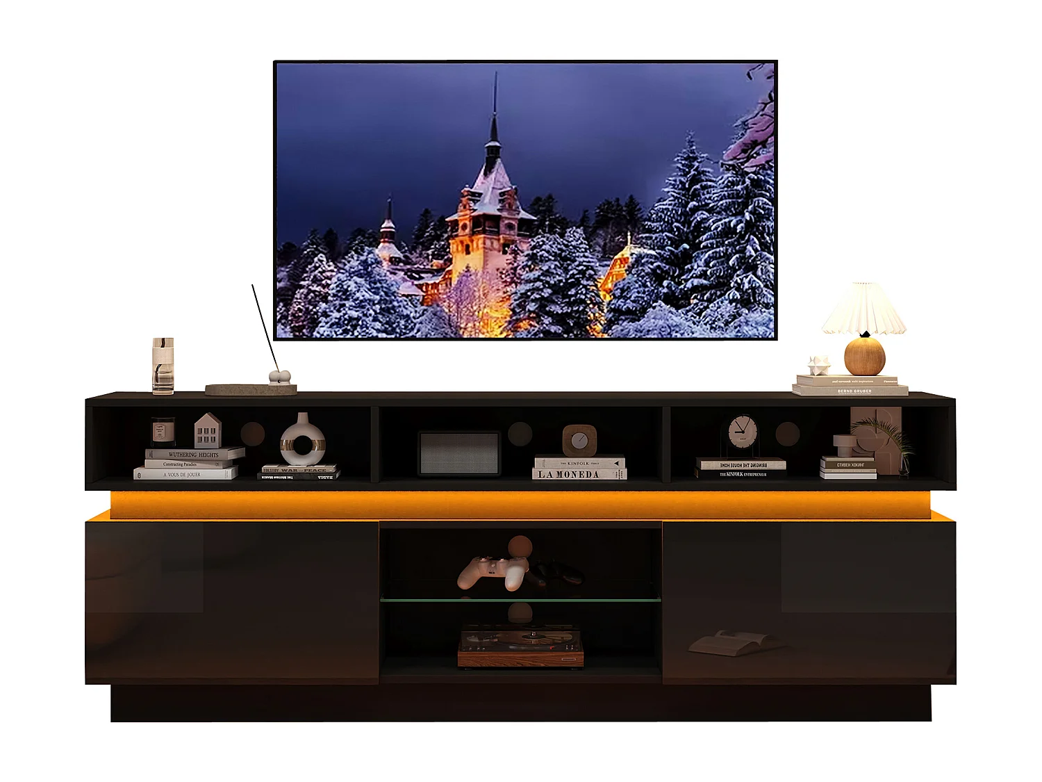 Hochglanzlackierter TV-Ständer fürs Wohnzimmer – 160 x 35 x 60 cm – mit Ablage aus Sicherheitsglas, LED-Beleuchtung und Türen – MDF – schwarz