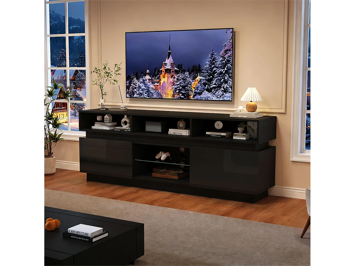 Hochglanzlackierter TV-Ständer fürs Wohnzimmer – 160 x 35 x 60 cm – mit Ablage aus Sicherheitsglas, LED-Beleuchtung und Türen – MDF – schwarz