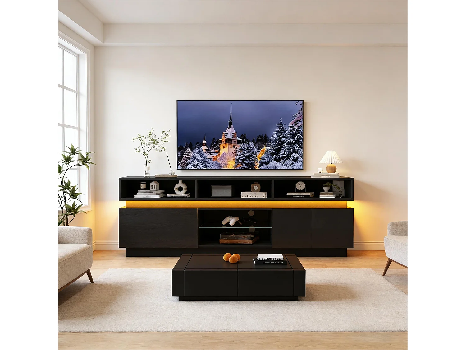 Hochglanzlackierter TV-Ständer fürs Wohnzimmer – 160 x 35 x 60 cm – mit Ablage aus Sicherheitsglas, LED-Beleuchtung und Türen – MDF – schwarz