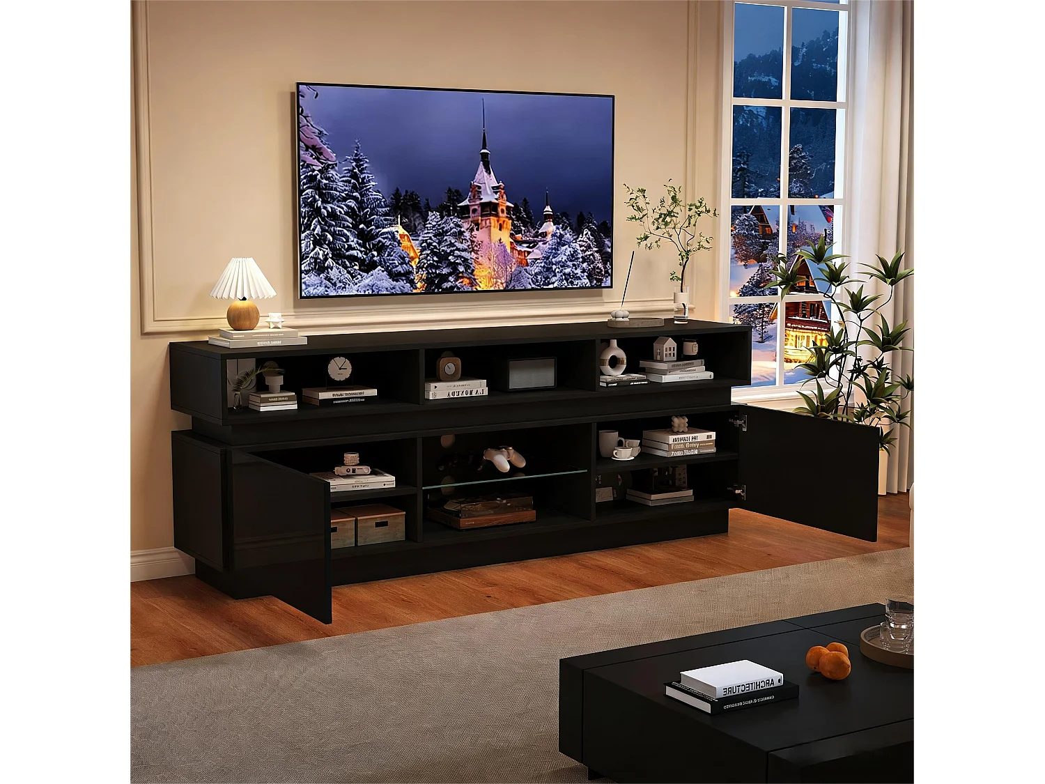 Hochglanzlackierter TV-Ständer fürs Wohnzimmer – 160 x 35 x 60 cm – mit Ablage aus Sicherheitsglas, LED-Beleuchtung und Türen – MDF – schwarz