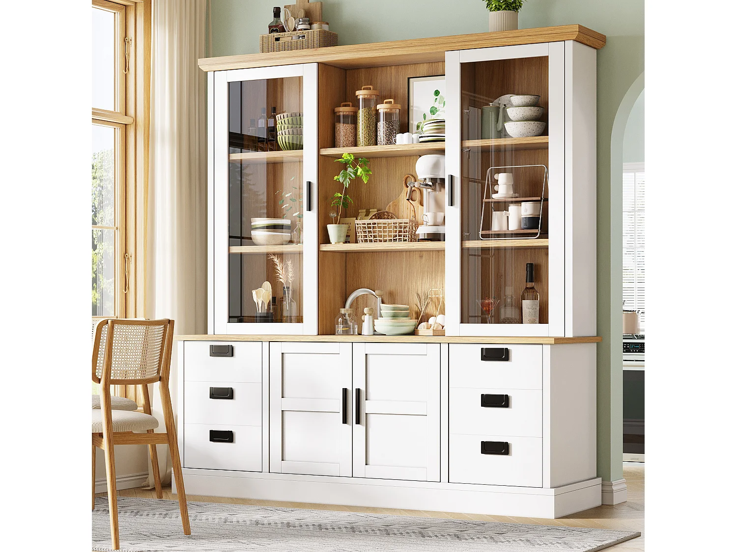 Buffet de cuisine haute - 140 x 40 x 185 cm - avec 6 tiroirs + portes vitrées + étagères - MDF - blanc